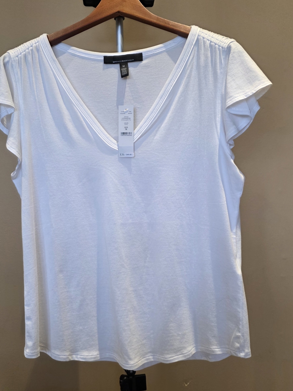 White House Black Market White V-Neck Flutter Sleeve Tee